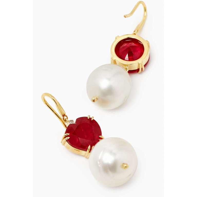 Dima Jewellery - Mismatched Ruby, Pearl & Diamond Drop Earrings in 18kt Gold