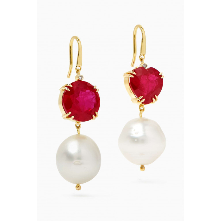 Dima Jewellery - Mismatched Ruby, Pearl & Diamond Drop Earrings in 18kt Gold