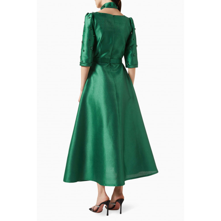 BYK by Beyanki - Clipped Crystal Embellished Gown in Metallic Taffeta Green