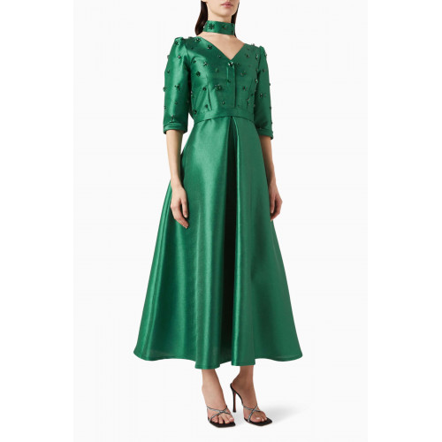 BYK by Beyanki - Clipped Crystal Embellished Gown in Metallic Taffeta Green