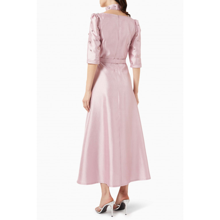 BYK by Beyanki - Clipped Crystal Embellished Gown in Metallic Taffeta Pink