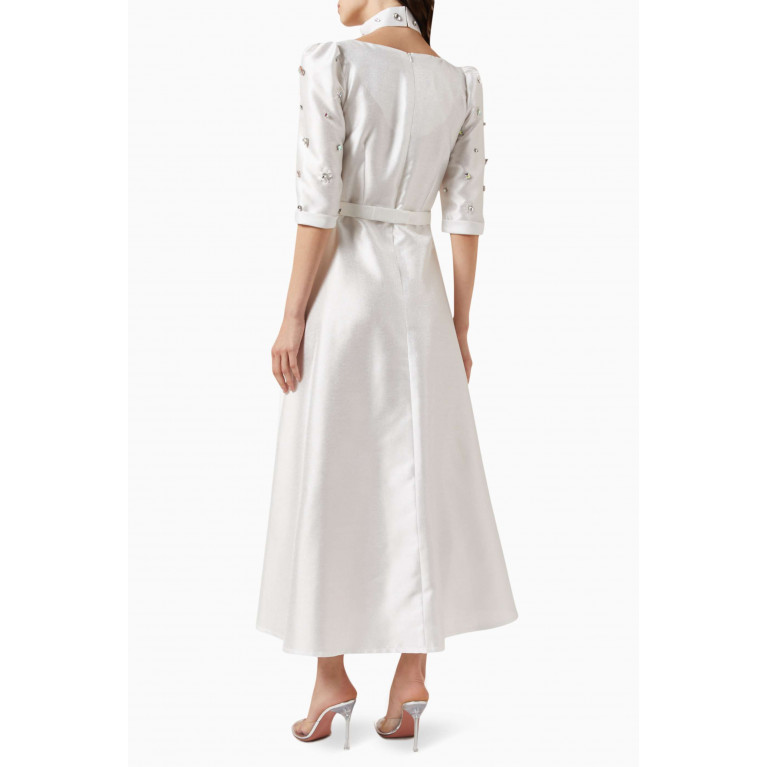 BYK by Beyanki - Clipped Crystal Embellished Gown in Metallic Taffeta White