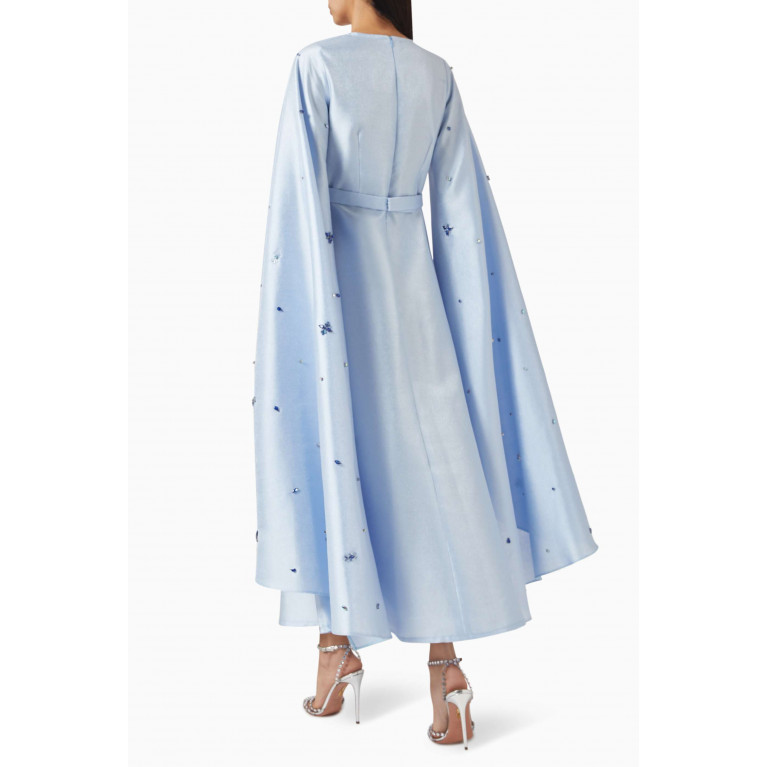 BYK by Beyanki - Embroidered Cape Sleeve Maxi Dress in Metallic Taffeta Blue
