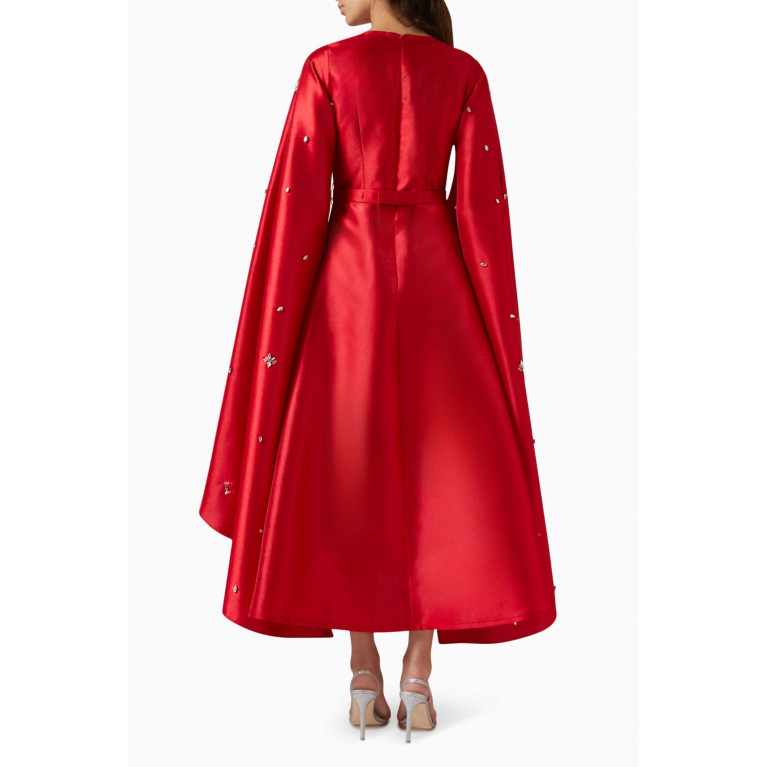 BYK by Beyanki - Embroidered Cape Sleeve Maxi Dress in Metallic Taffeta Red
