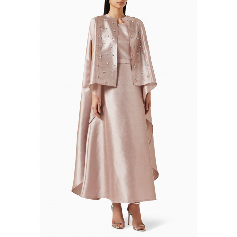 BYK by Beyanki - Embellished Crystal Cape & Jumpsuit Set in Metallic Taffeta Pink