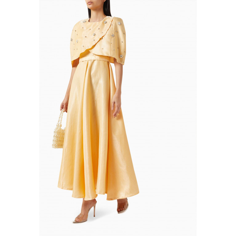 BYK by Beyanki - Crystal-embellished Dress & Cape Set in Brocade Yellow