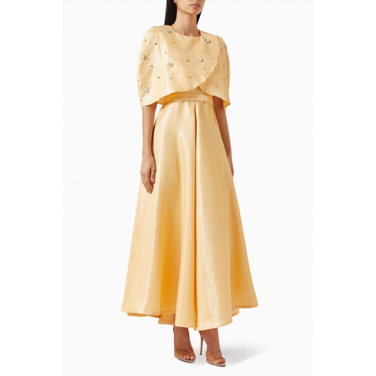 BYK by Beyanki - Crystal-embellished Dress & Cape Set in Brocade Yellow