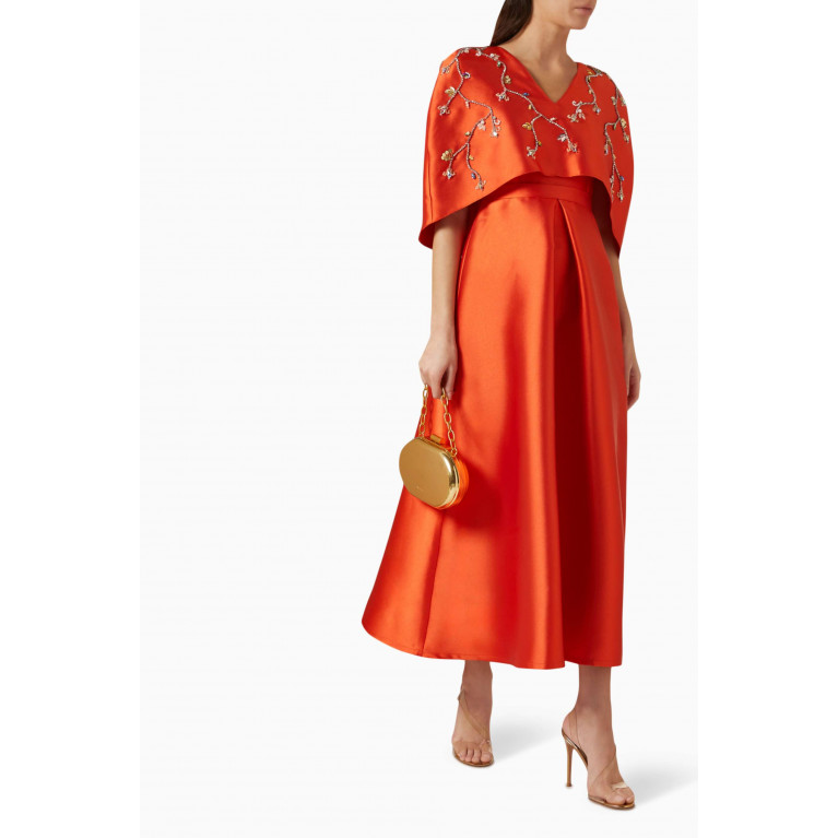 BYK by Beyanki - Floral Embellished Cape & Dress Set in Taffeta Orange