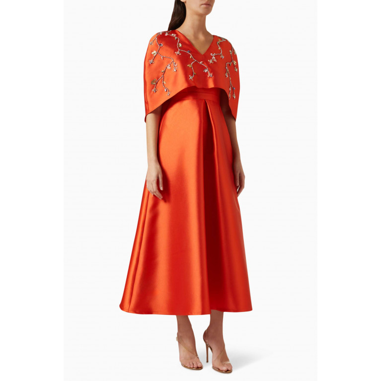 BYK by Beyanki - Floral Embellished Cape & Dress Set in Taffeta Orange