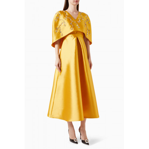 BYK by Beyanki - Floral Embellished Cape & Dress Set in Taffeta Yellow
