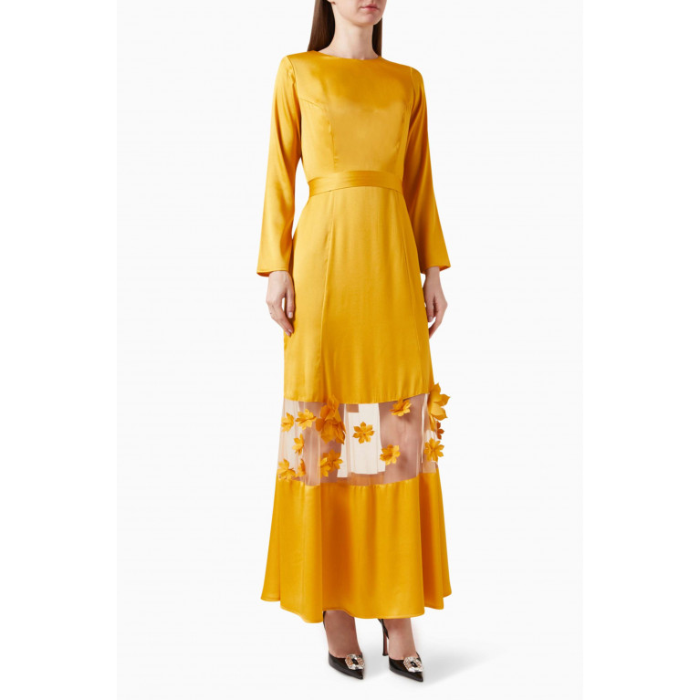 Amri - Floral-embroidered Maxi Dress in Satin Yellow