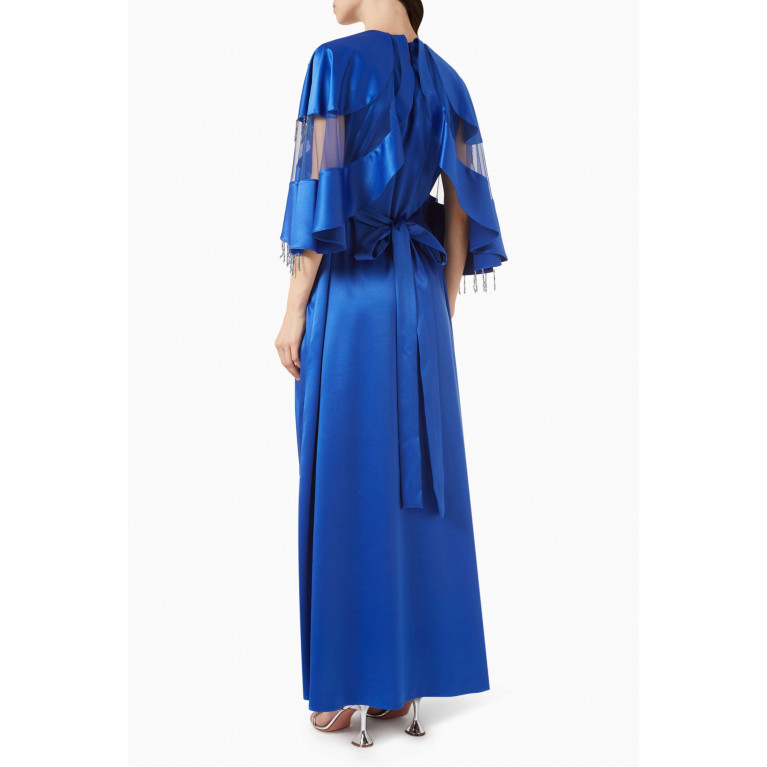Amri - Beaded Fringe Cape-sleeve Maxi Dress in Satin Blue