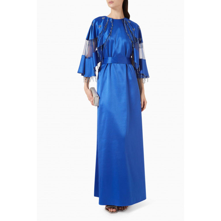 Amri - Beaded Fringe Cape-sleeve Maxi Dress in Satin Blue