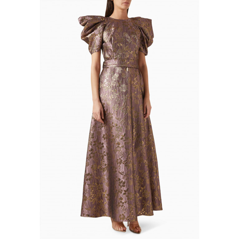 Amri - Puff-sleeve Maxi Dress in Metallic Jacquard