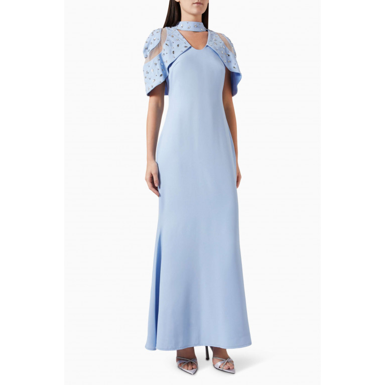 NASS - Embellished Cape Dress in Crepe Blue