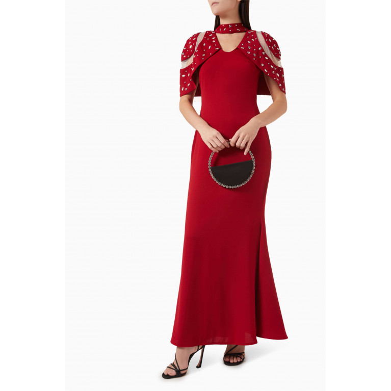 NASS - Embellished Cape Dress in Crepe Red