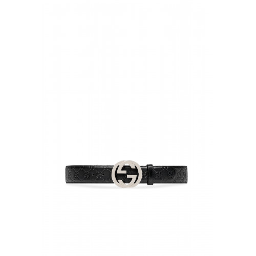 Gucci- Interlocking Logo Leather Belt Black