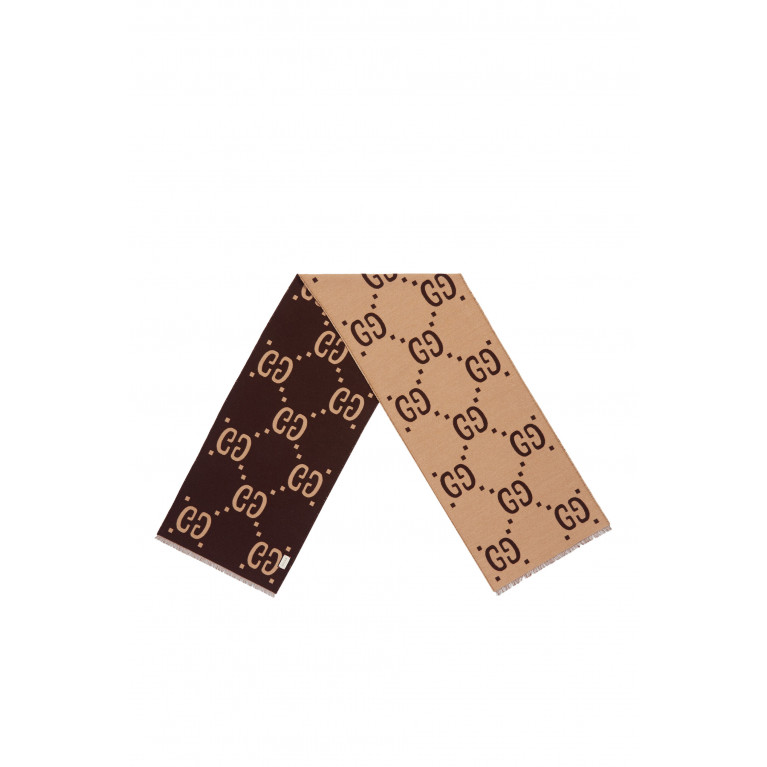 Gucci- GG Jacquard Wool Silk Scarf Brown