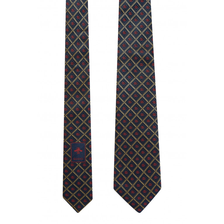 Gucci- Double G Check Silk Jacquard Tie Navy