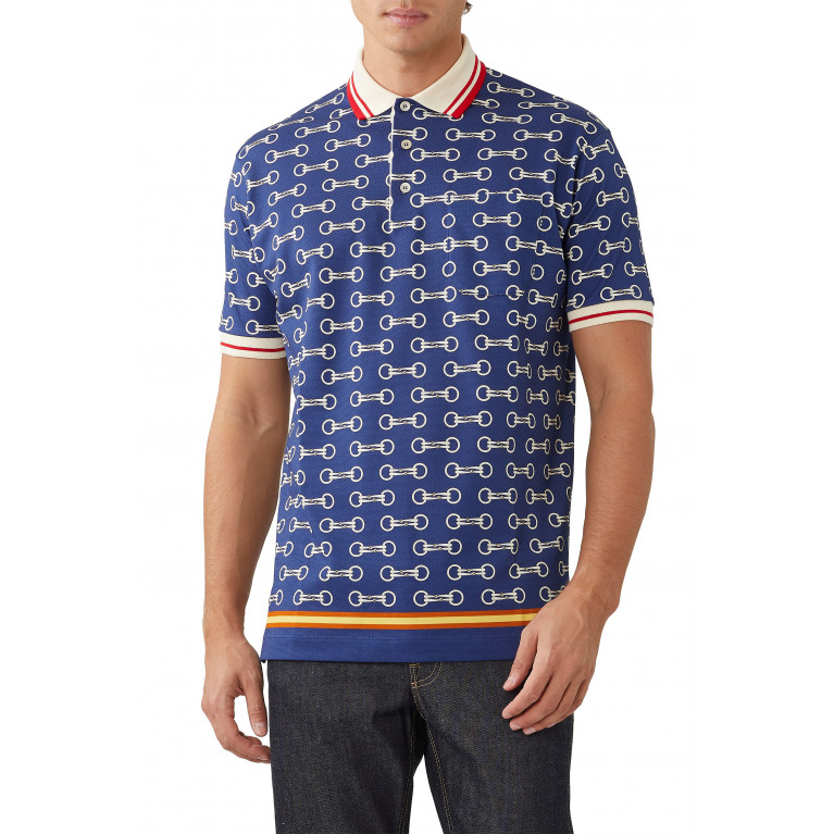 Gucci- Horsebit-Print Polo Shirt Navy