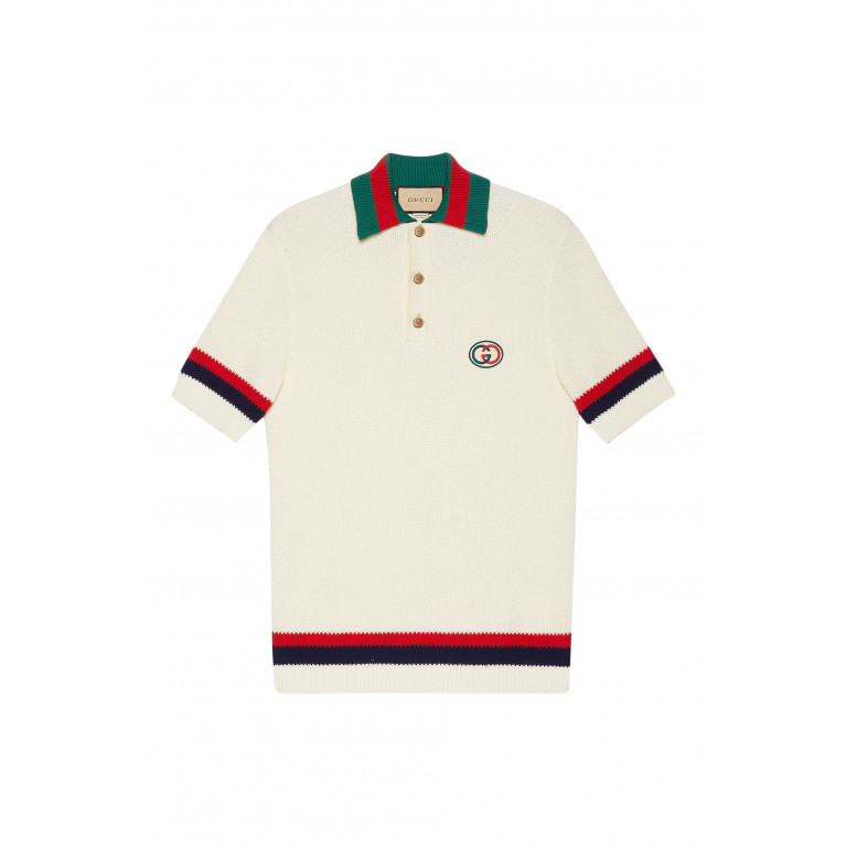 Gucci- Logo Appliqué Striped Polo White