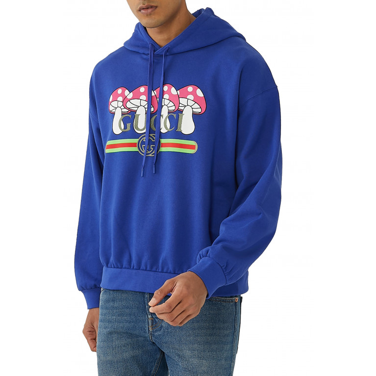 Gucci- Mushroom Print Hooded Sweatshirt Blue