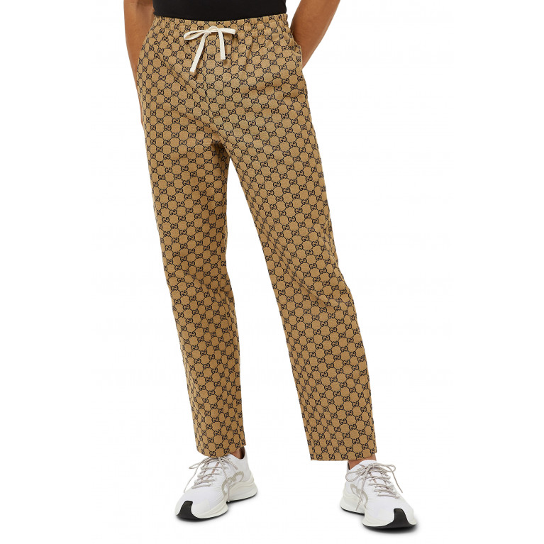 Gucci- GG Canvas Pants With Leather Interlocking G Blue / Brown