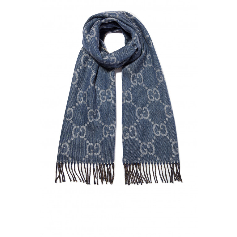 Gucci- GG Jacquard Knit Scarf With Tassels Navy