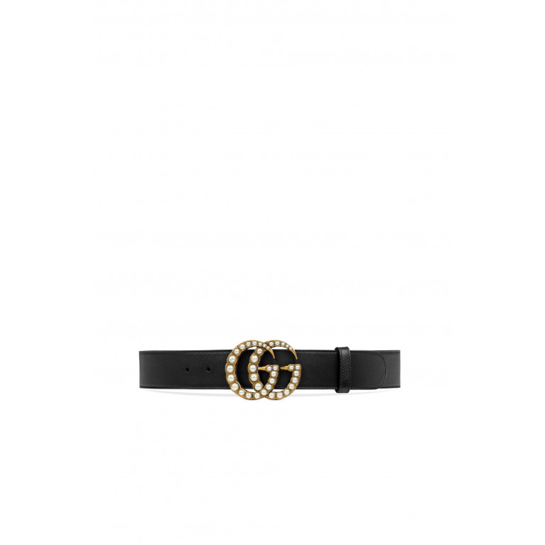 Gucci- Pearl-Embellished Double G Leather Belt Black