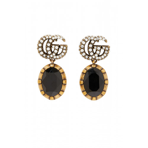 Gucci- Double G Earrings With Black Crystals Gold