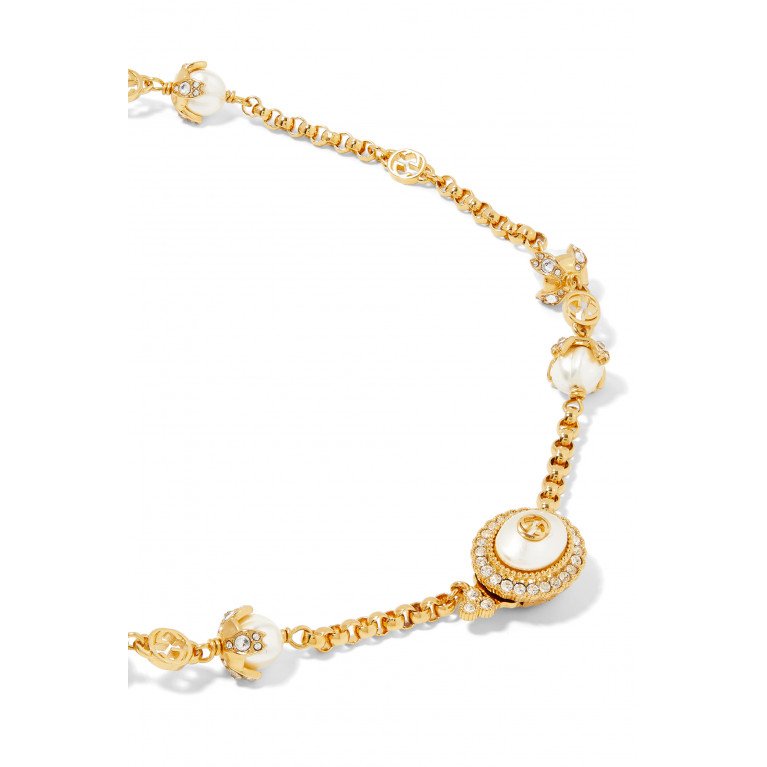 Gucci- Interlocking G Crystal Pearl Necklace Gold/White