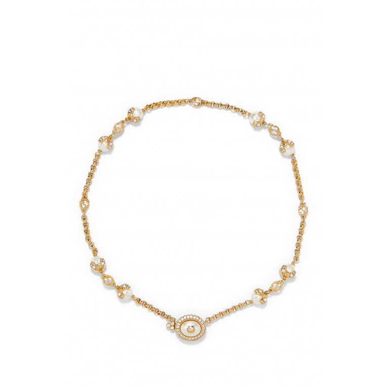 Gucci- Interlocking G Crystal Pearl Necklace Gold/White