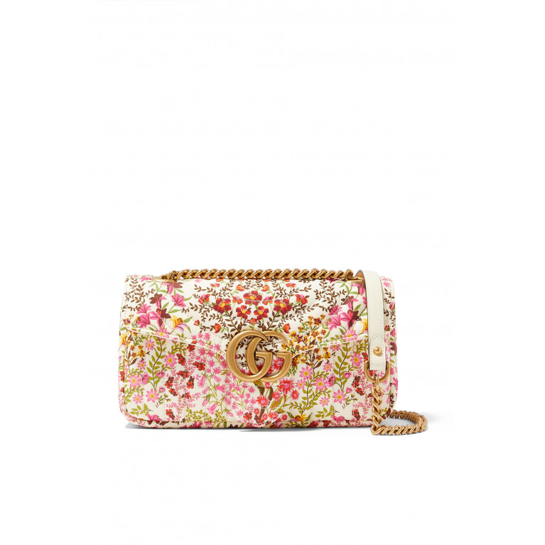 Gucci- GG Marmont Small Floral Chevron Cotton Shoulder Bag Pink