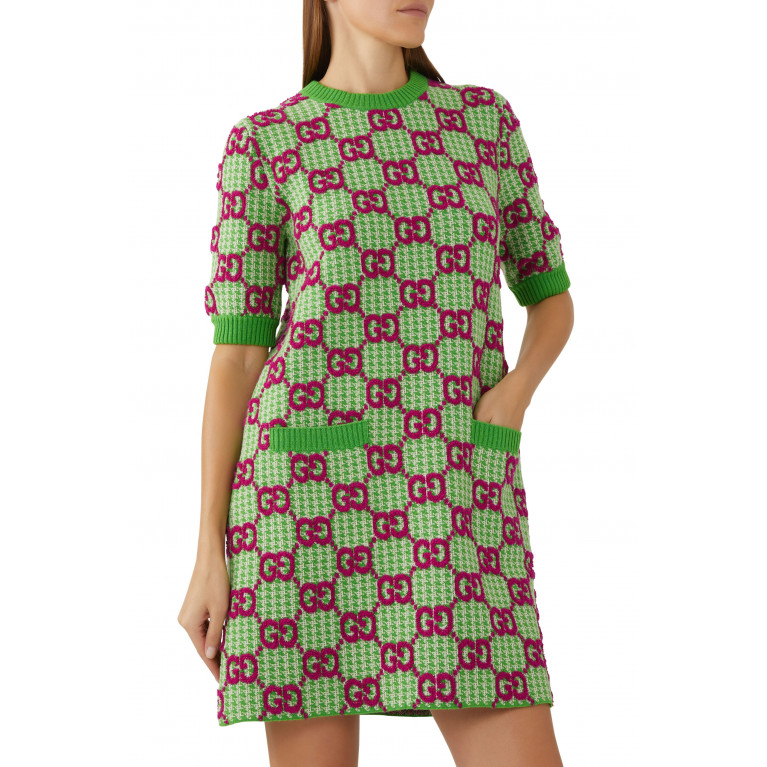 Gucci- GG Wool Houndstooth Dress Green/Ivory/Pink