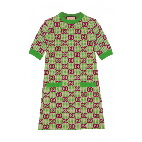 Gucci- GG Wool Houndstooth Dress Green/Ivory/Pink