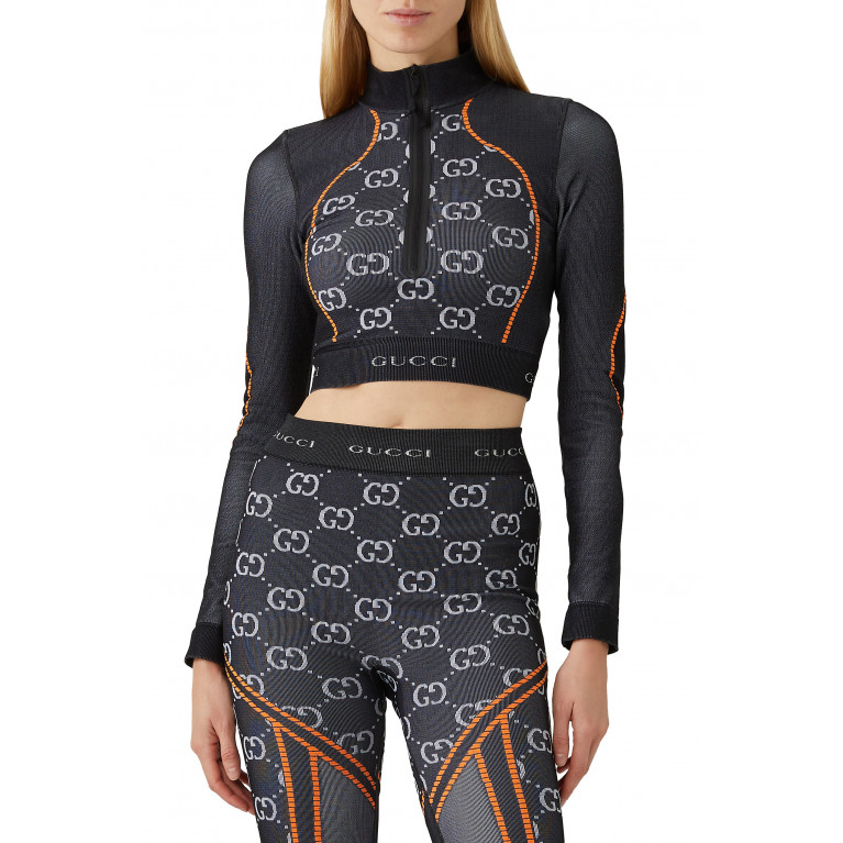 Gucci- GG Monogram Long-Sleeve Crop Top Black