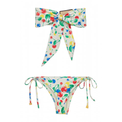 Gucci- Two-Piece Cherries Print Jersey Bikini Set White