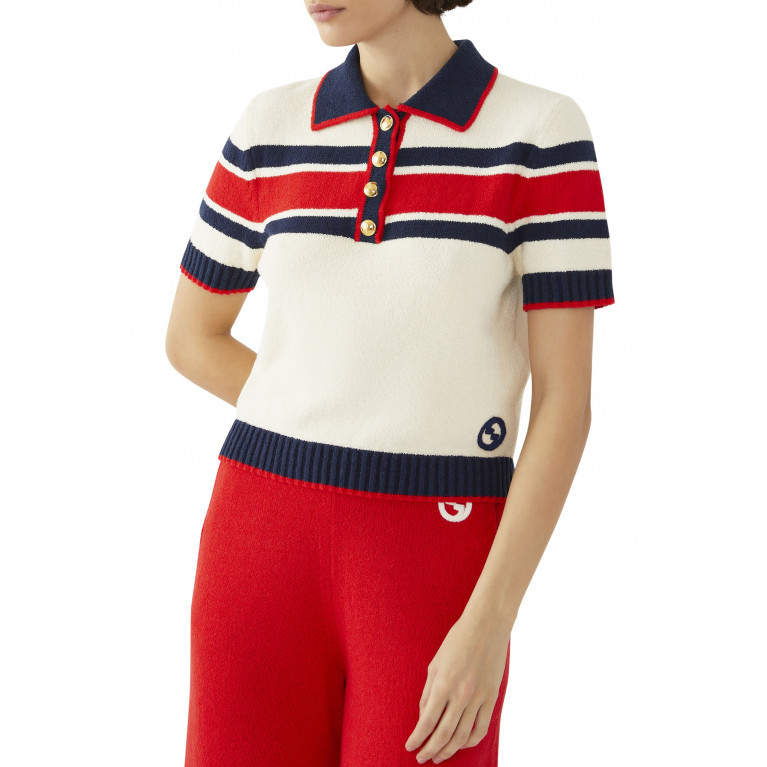 Gucci- Cotton Striped Polo Top Ivory/Red/Blue