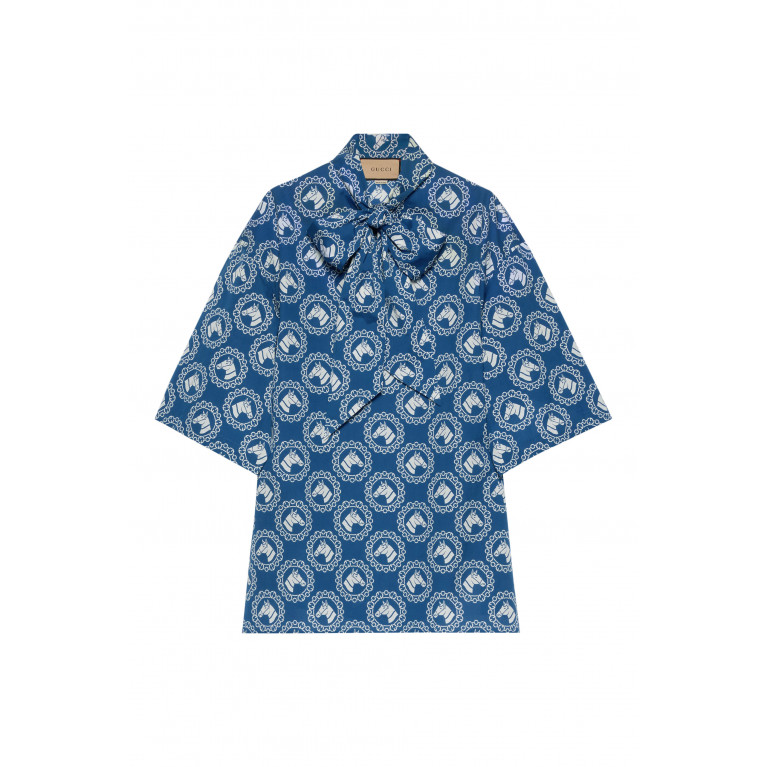 Gucci- Horse-Print Cotton Shirt Blue