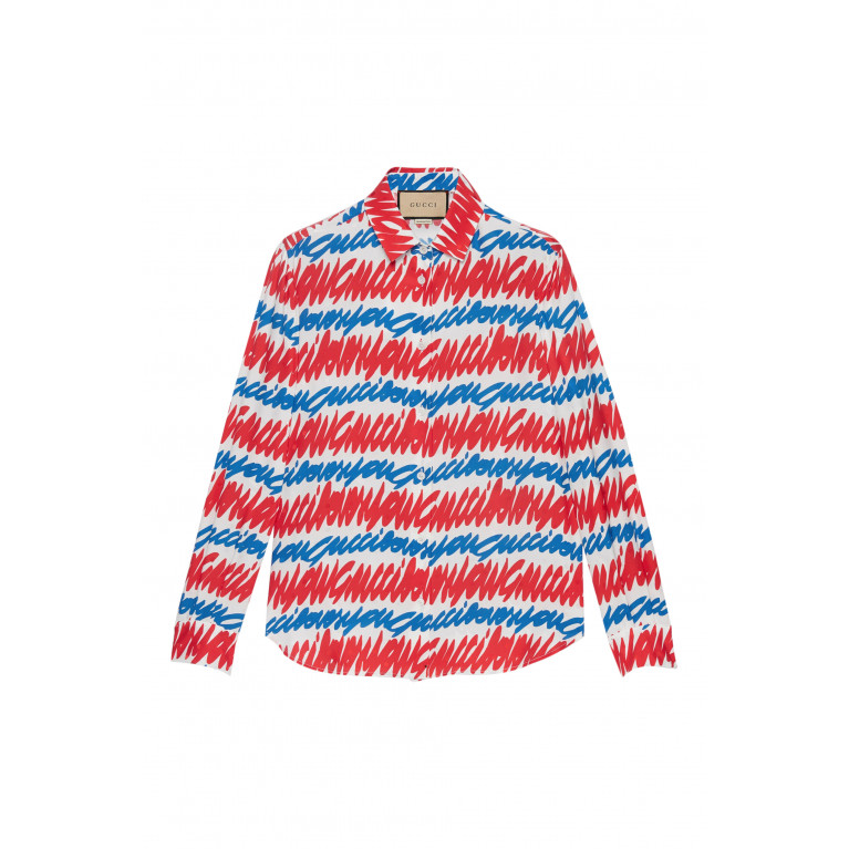 Gucci- Script Print Shirt & Bra Set Ivory/Blue/Red