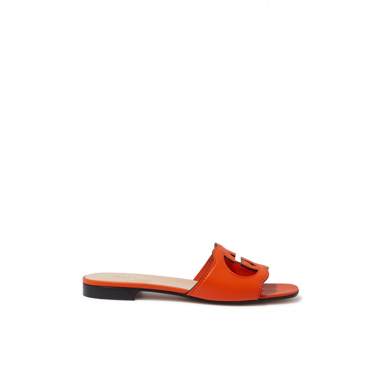 Gucci- Interlocking G Cut-Out Leather Slides Orange
