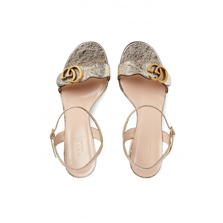 Gucci- Metallic Logo Leather Mid-Heel Sandals Gold